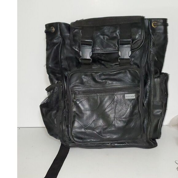 A Genuine Leather Backpack School Hiking Knapsack Black Adjustable As-Is - Picture 1 of 14